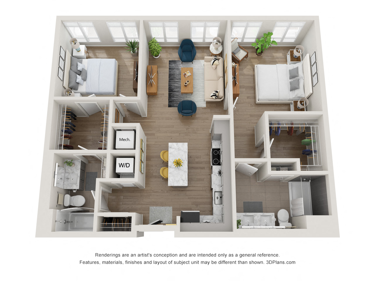 Floor plan for 2 beds, 2 baths, 990 sqft